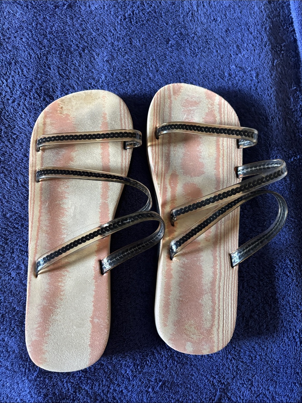 Source Unknown Pink Striped Slide Sandals with Black Sequin Straps